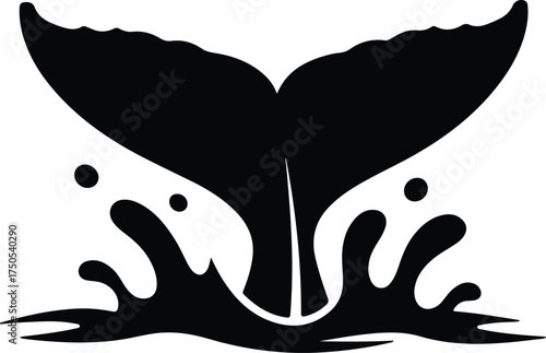 Vector silhouette whale tail with splashing water illustration