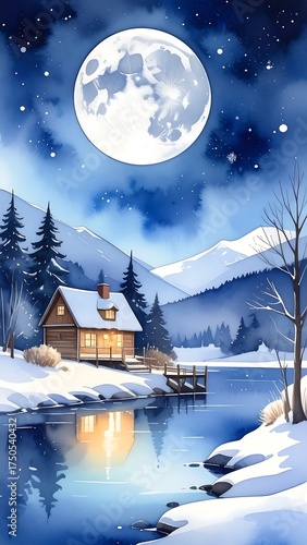 Watercolor painting of a snowy landscape with a full moon and cabin