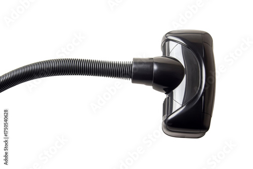 Close-up of black vacuum cleaner hose and nozzle head on transparent background