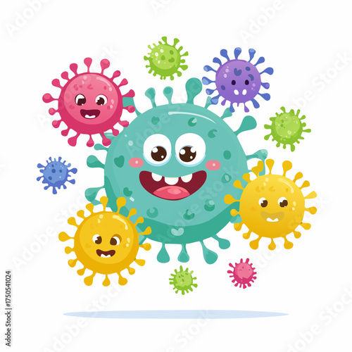 Cartoon viruses. Funny flu virus, germ character, cute face bacteria icons, monster microbe, cancer cell.
