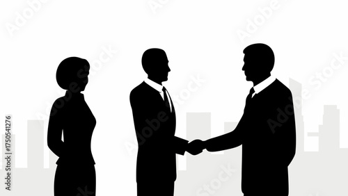 Confident business professionals shaking hands in agreement, symbolizing partnership and success in urban settings.