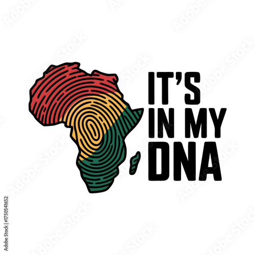 African continent map with fingerprint texture in red, yellow, and green colors and text its in my dna