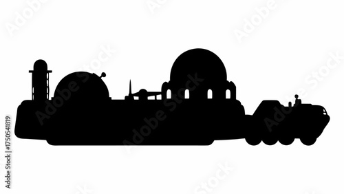 Futuristic alien outpost with domed structures and a wheeled vehicle under a clear sky