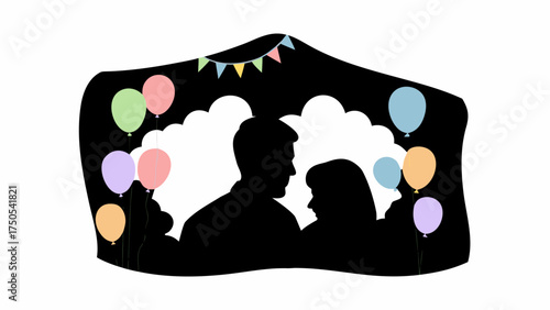 Romantic couple silhouetted against festive balloons and bunting at a joyful celebration