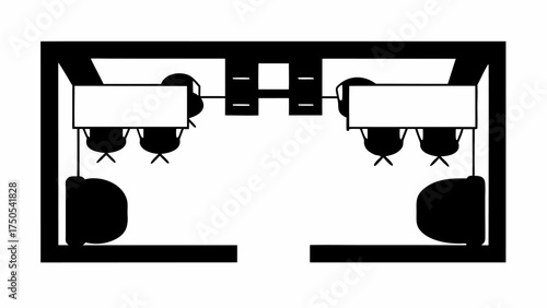 Modern office layout with two workstations and collaborative meeting space for effective teamwork and productivity