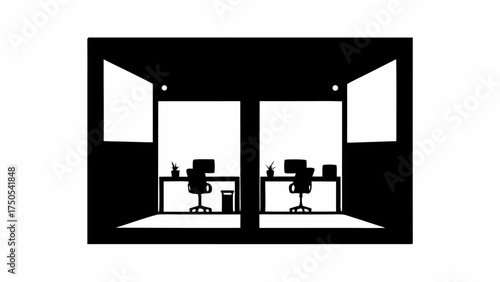 Modern office spaces with desks chairs computers and plants offer a clean professional workspace for productivity