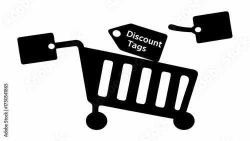 Shopping cart brimming with discount tags signifies savings and smart purchasing decisions