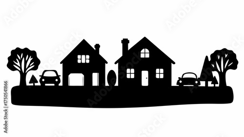 Charming silhouette of houses with cars and trees creates a quaint suburban neighborhood scene