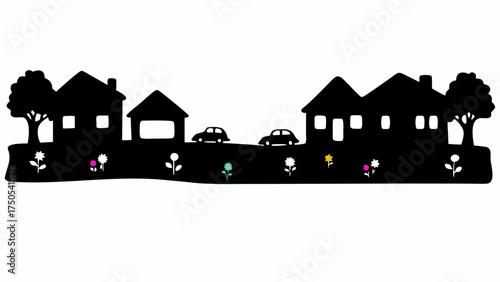 Charming silhouette of houses trees cars and colorful flowers creating a delightful neighborhood scene
