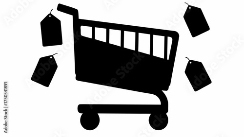 Shopping cart silhouette with hanging price tags symbolizes sales, discounts, and consumer choices for retail marketing