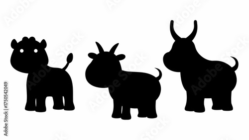 Adorable cartoon farm animals in silhouette standing together for playful designs and children's themes