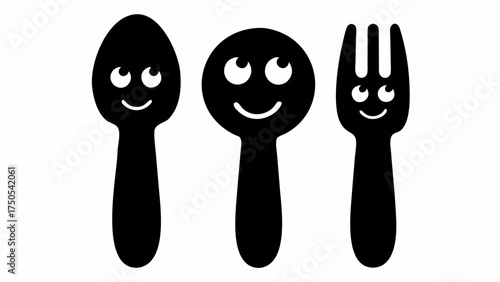 Happy cartoon spoon and fork characters smiling together, representing friendship and fun meals