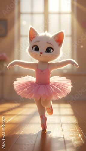 UHD 3D Illustration of Adorable Kitten Ballerina in Dance Pose with Soft Focus Lighting