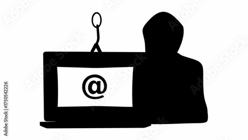 Silhouette hacker in hood targets email symbol on laptop screen for cybercrime and data breach