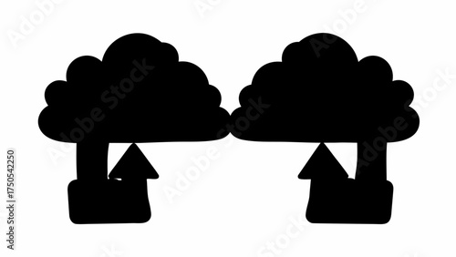 Two black cloud icons with upload arrows symbolizing data transfer and cloud computing concepts