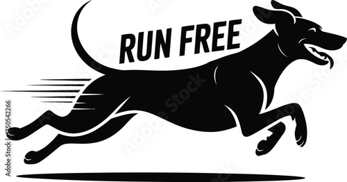 Energetic Dog Leaping Forward with \"Run Free\" Text Vector Sticker