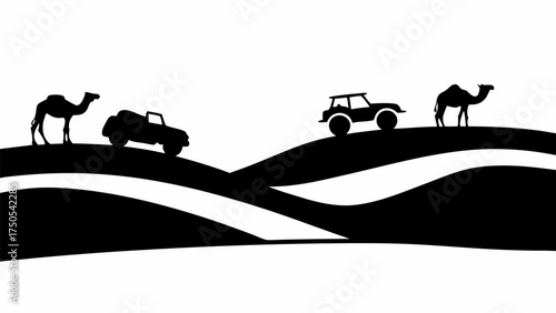 Desert adventure with camels and rugged jeep exploring the dunes, a journey of discovery