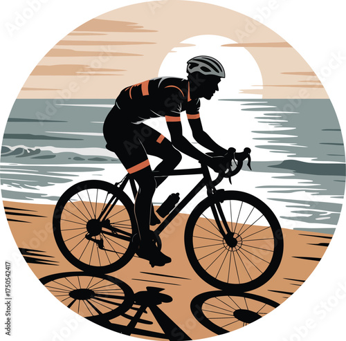 Vector Illustration of a Cyclist Riding on a Beach at Sunset, Capturing Athleticism and Serenity