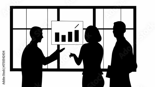 Business team analyzing financial data during a presentation in modern office setting, success.