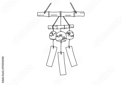 Line Art Illustration of a Japanese Wind Chime with Bamboo and Paper
