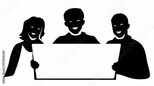 Joyful diverse team holding blank sign sharing exciting news and celebrating achievements together