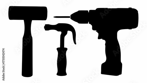 Powerful tools including cordless drill, hammer, and mallet create a dynamic DIY and construction scene