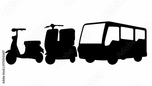 Diverse transportation options including scooters and a bus, perfect for city travel and urban mobility concepts.