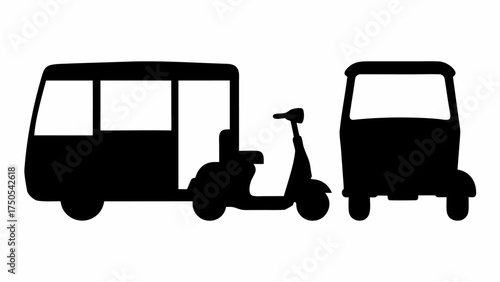 Modern three wheel taxi and scooter silhouettes for urban transport and travel concepts