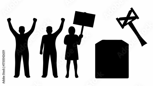 Dynamic group raises fists in protest holding signs and a podium with a megaphone symbol