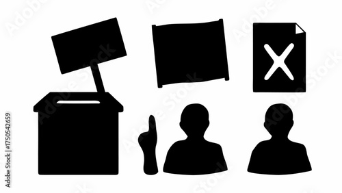 Vote ballot box, people icons, and marked paper showing election choice, civic duty symbols