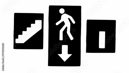 Clear directional icons guide people safely down stairs and towards exits in modern spaces