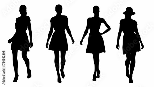 Chic silhouettes of stylish women showcasing elegant dresses and fashionable footwear on a runway