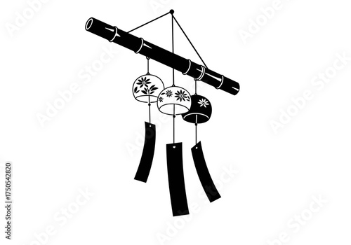 Japanese Wind Chime with Floral Designs Hanging from Bamboo.
