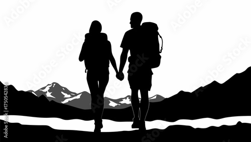Couple holding hands trekking through majestic mountains creating lasting memories on an adventurous journey