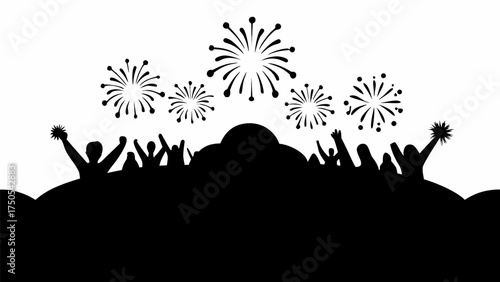 Excited crowd celebrating with arms raised watching vibrant fireworks light up the night sky