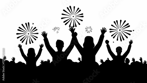 Joyful crowd celebrating with arms raised and fireworks bursting in a festive atmosphere