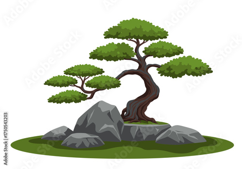 Stylized Bonsai Tree with Rocks on Green Base.