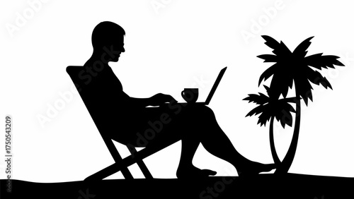 Remote worker enjoying laptop and coffee on beach, palm tree silhouette, freedom and work life balance