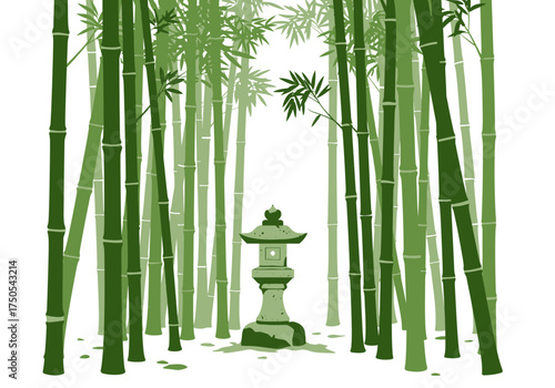 Serene Bamboo Grove with Stone Lantern Illustration.