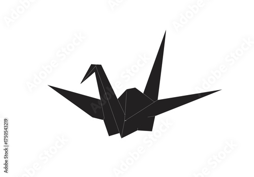 Elegant Black Origami Crane on White Background.