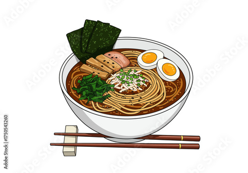 Delicious Bowl of Ramen with Toppings and Chopsticks.