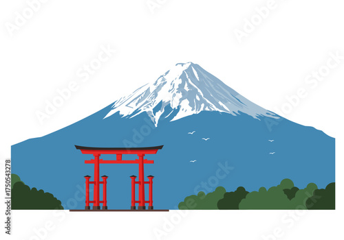 Mount Fuji and Torii Gate Japan Landscape Illustration.