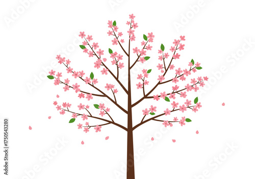 Stylized Cherry Blossom Tree with Pink Flowers and Green Leaves.