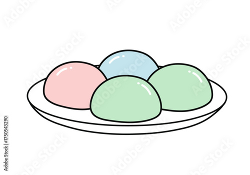 Colorful Mochi on a Plate Japanese Dessert Illustration.