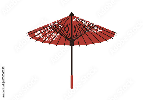 Elegant Red Japanese Umbrella with Floral Design and Black Ribs.