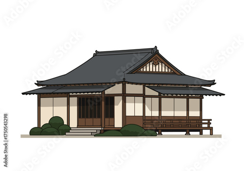 Traditional Japanese House Illustration with Dark Gray Roof and Wooden Details.