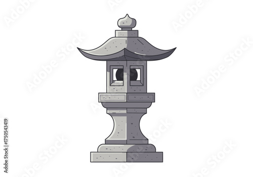 Traditional Japanese Stone Lantern with Pagoda Style Roof Illustration.