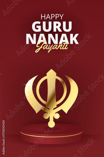 Guru Nanak Jayanti poster with Khanda Sikh religious symbol and podium. Sikhism celebration design, vertical greeting festival background. Punjab Gurpurab template. Vector illustration