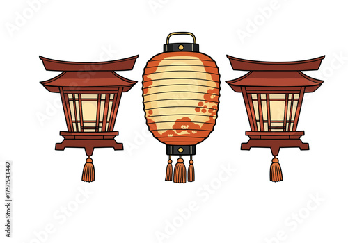 Traditional Japanese Lanterns with Floral Design and Pagoda Style.