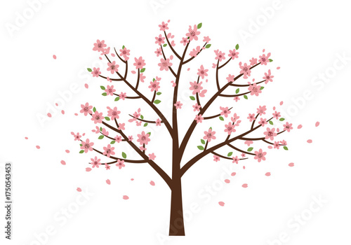Stylized Cherry Blossom Tree with Falling Petals Illustration.